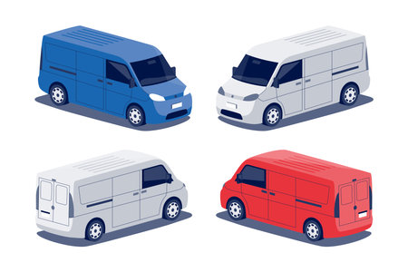 Modern delivery cargo van car. Minivan middle size lorry minibus vehicle. Small truck RV corporate commercial transport. Isolated vector red blue object on white background in isometric dimetric styleのイラスト素材
