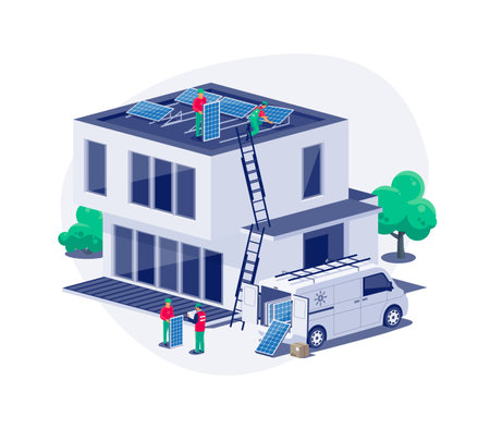 Solar panels installation on modern architecture family house flat roof. Workers connecting the home renewable power energy system to grid. Clean electricity production. Isolated vector illustration.のイラスト素材