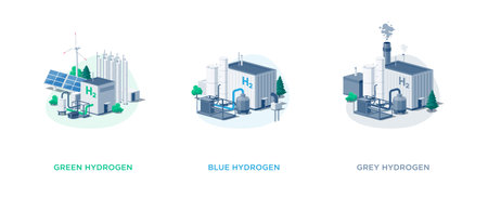 Green, blue, grey hydrogen power plant types. Clean solar wind and dirty gas production process technology with low and high carbon emissions. Flat isolated vector illustrations on white.のイラスト素材