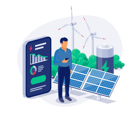 Renewable energy solar panels, wind turbines and battery storage. Clean electricity production monitoring app smartphone with grid power usage graph. Man person with phone in hand. Vector illustrationのイラスト素材