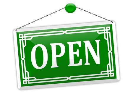 Green sign on the chain with the word  open  - vectorのイラスト素材