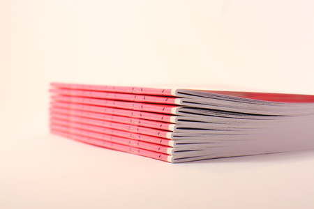 Nine pink school books on a light backgroundの写真素材