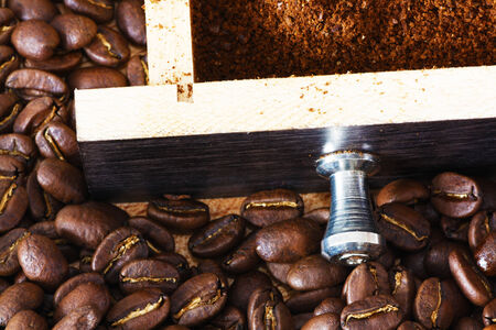 Coffee mill on wooden tableの写真素材