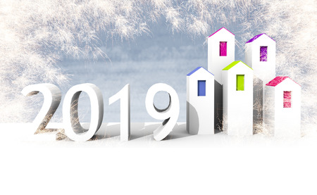 Sparkling 3d new year background with housesの写真素材