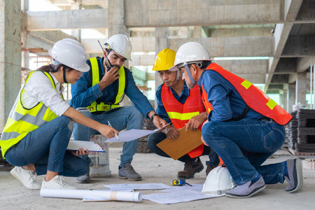 team of civil engineer manager, maintenance supervisor, professional technician foreman together...
