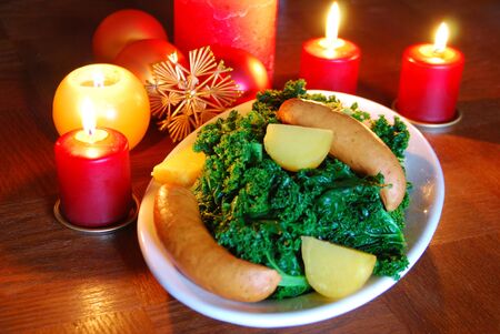 curly-kale with sausage の写真素材