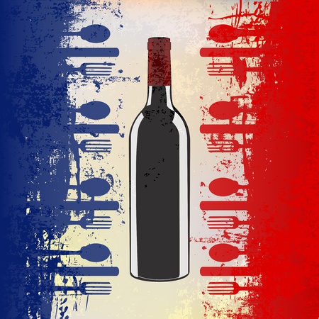 A menu template with a wine bottle over a grunged french flagのイラスト素材