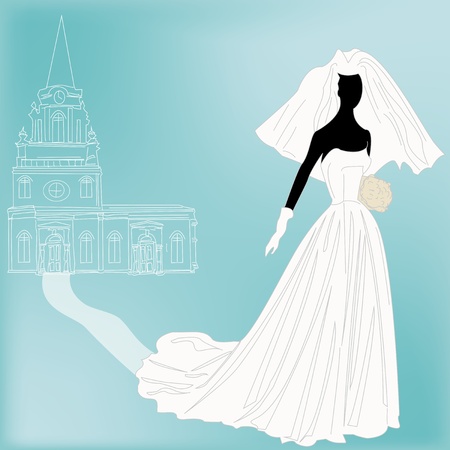 A bride and church for a 1950's retro Wedding invitation or Dress shop flyerのイラスト素材