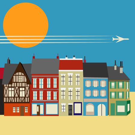 High Street Shops. simplistic Background image with colourful traditional housesのイラスト素材