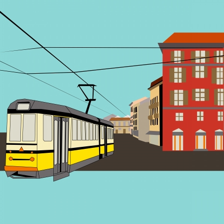 City Break, background with a tram and old high street for a tourism or shopping holiday のイラスト素材