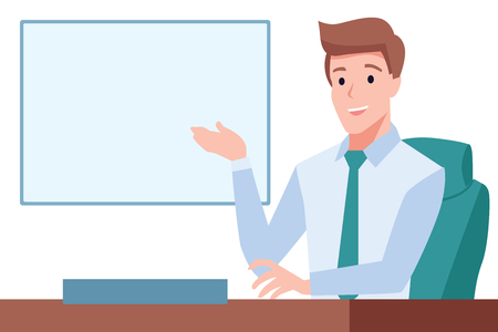 Elegant gentleman sit on chair presenting something on whiteboard, Office environment, Leader bossのイラスト素材