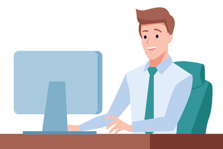 Gentleman sit on desk and working on computer, Office environment, Leader bossのイラスト素材