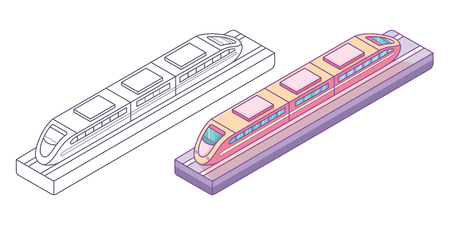 Little train toy on track, outlines and blue pink colorsのイラスト素材