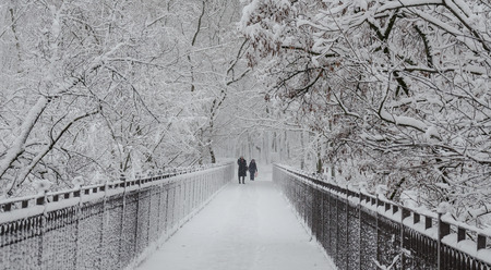 A woman takes a picture of the landscape on a mobile phone after a snowfall in the distance on a bridge covered with snowの写真素材
