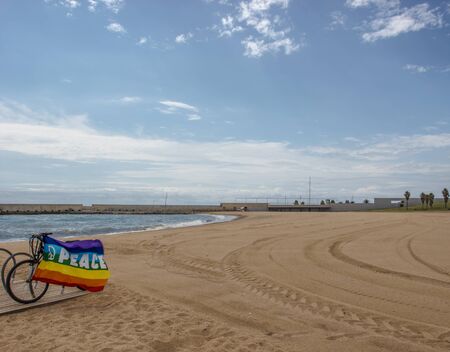 Peaceful simbol of semi sex love people attached to bicycle swaying with a windの写真素材