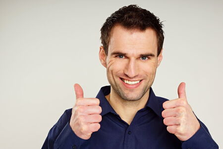 Portrait of handsome man in dark blue shirt, right you caan write some text