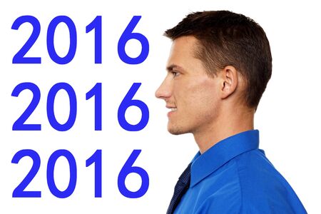 Happy new 2016 year with profile of young man in blue shirt and tie.
