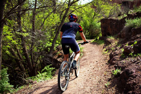 Biker on pathway in mountain forest Biker on pathway in mountain forest
