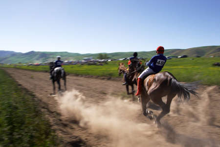 LEPSINSK, KAZAKHSTAN - JUNE 14 : A traditional national nomad long-distance horse riding competition Bayga in action on June 14, 2008 in Lepsinsk, Kazakhstan.のeditorial素材