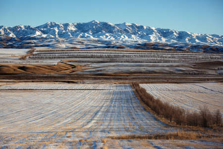 First snow on the fields and mountainsの写真素材
