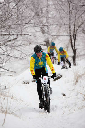 ALMATY, KAZAKHSTAN - January 23: Vadim Galeev (N6) in action at Mountain bike cross-country competition.  January 23, 2010 in Almaty, Kazakhstan.のeditorial素材
