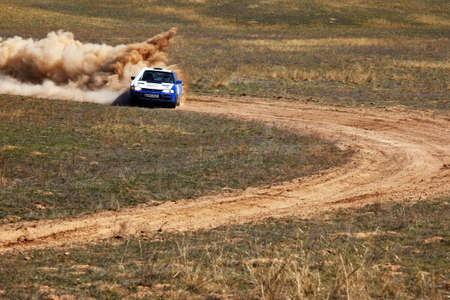 ALMATY, KAZAKHSTAN - APRIL 9: Radostovetc and Postnikov (5) in action at auto competition "Rally Borly" on April 9, 2011 in Almaty, Kazakhstan.のeditorial素材