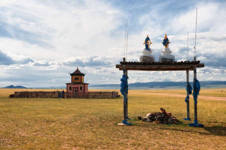 Buddhist temple side of the road near the village of Songino in northern Mongoliaの写真素材