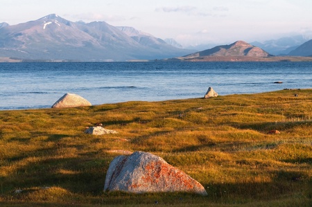 Mountain lake Hoton Nuur in Mongoliaの写真素材
