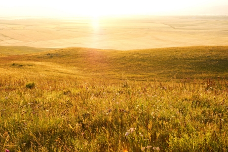 Rural landscape and sunlight at sunsetの写真素材