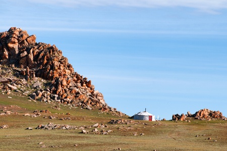 Mongolian nomad home in desert mountainsの写真素材