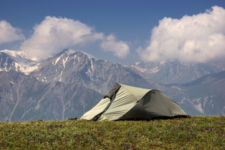 Modern tourist tent in the mountains