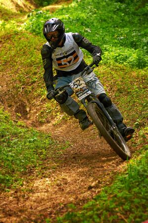 ALMATY, KAZAKHSTAN - MAY 27: S.Kovalev (N52) in action at Freestyle Mountain Bike Session in Almaty, Kazakhstan MAY 27, 2012.のeditorial素材