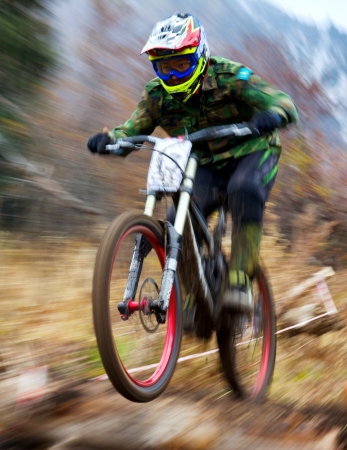 ALMATY, KAZAKHSTAN - NOVEMBER 3: R.Sadiev (N13) in action at  mountain bike sports event Pumpkin...