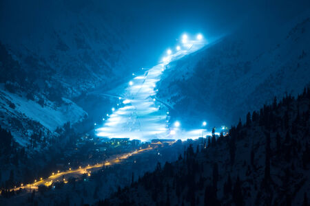 Night Road by mountain ski resort Chimbulak in Almaty, Kazakhstan の写真素材