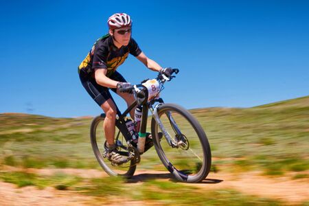 ALMATY REGION, KAZAKHSTAN - MAY 5, 2013: V.Kachanov(N8) in action at Adventure mountain bike cross-country marathon in mountains "Jeyran Trophy 2013". のeditorial素材
