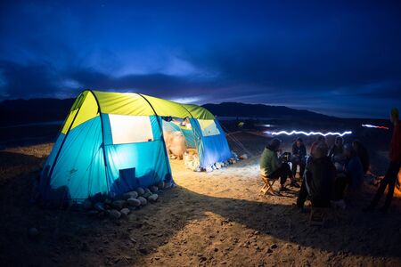 ALMATY, KAZAKSTAN - MAY 01, 2014: Night camp of Adventure mountain bike cross-country marathon in mountains "Jeyran Trophy 2014" beside Bartogay lakeのeditorial素材