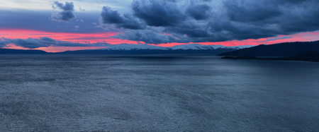 Panorama of sunset on lake Markakol, Altai mountains Kazakhstanの写真素材