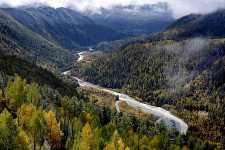 Autumn in valley of river Belaya Berel in  Altai mountains,  Eastern Kazakhstan