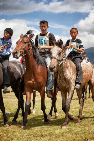 VALLEY ASSY, KAZAKHSTAN - Aug 12, 2009 : A traditional national nomad long-distance horse riding competition Bayga in action on  valley Assy, Almaty region, Kazakhstan.のeditorial素材