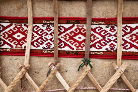 Detail of yurt - portable, bent dwelling structure traditionally used by nomads in the steppes of...