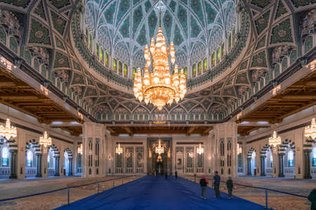 Muscat, Oman - 04.04.2018: Awe inspiring interior of Sultan Qaboos Grand Mosque in Muscat, Oman....