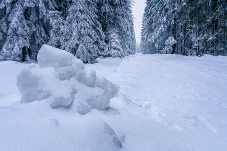Narrow straight road through frozen winter forest with big ice boulder in the foreground. Cold...