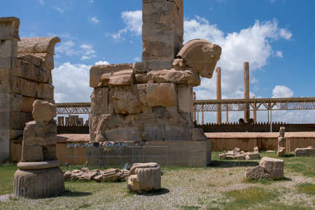 Ruins, statues and murals of ancient persian city of Persepolis in Iran. Most famous remnants of the ancient Persian empire.の写真素材