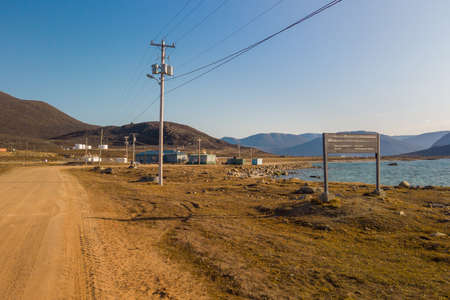 Golden hour in the airport of Inuit community of Qikiqtarjuaq, Broughton Island, Nunavut, Canada. Settlement in the far north. Arctic community.の写真素材