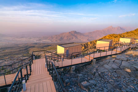 Al Hamra, Oman - 04.10.2018: View from luxury resort on the hill slope, overlooking vast desert valley in Oman, Arabia. Early morning in desert valley.のeditorial素材