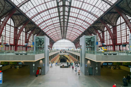 Antwerp, Belgium - 04.29.2018: Inside the modern part of train station. Modern urban architecture with lot of symmetries.のeditorial素材