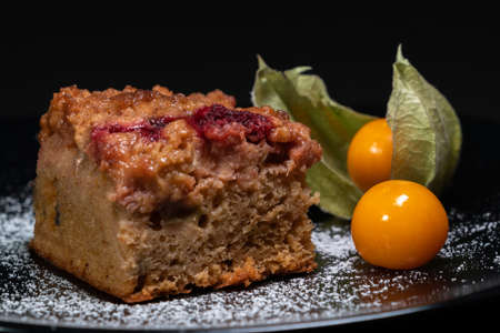 Closeup shot of a freshly baked cake with raspberries, jostaberries and rhubarb on a black plate isolated on black background with two ripe physalisの写真素材