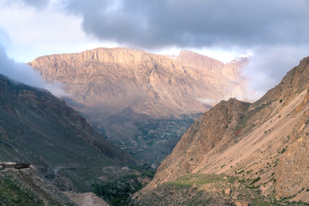 Peaks in the valley of Alborz mountain range close to Mt. Damavand, Iran. Golden hour in majestic asian mountains.の写真素材