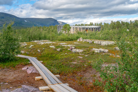 Vietas, Sweeden - 08.15.2021: Modern wooden building of Visitor Center Laponia in Stora Sjofallet, Stuor Muorkke National Park in Swedish Lapland.のeditorial素材