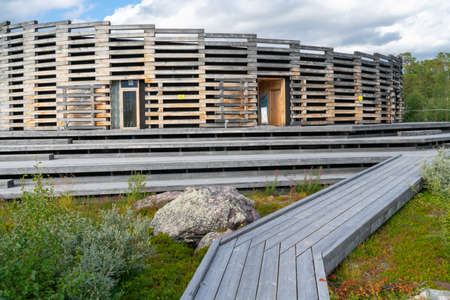 Vietas, Sweeden - 08.15.2021: Modern wooden building of Visitor Center Laponia in Stora Sjofallet, Stuor Muorkke National Park in Swedish Lapland.のeditorial素材
